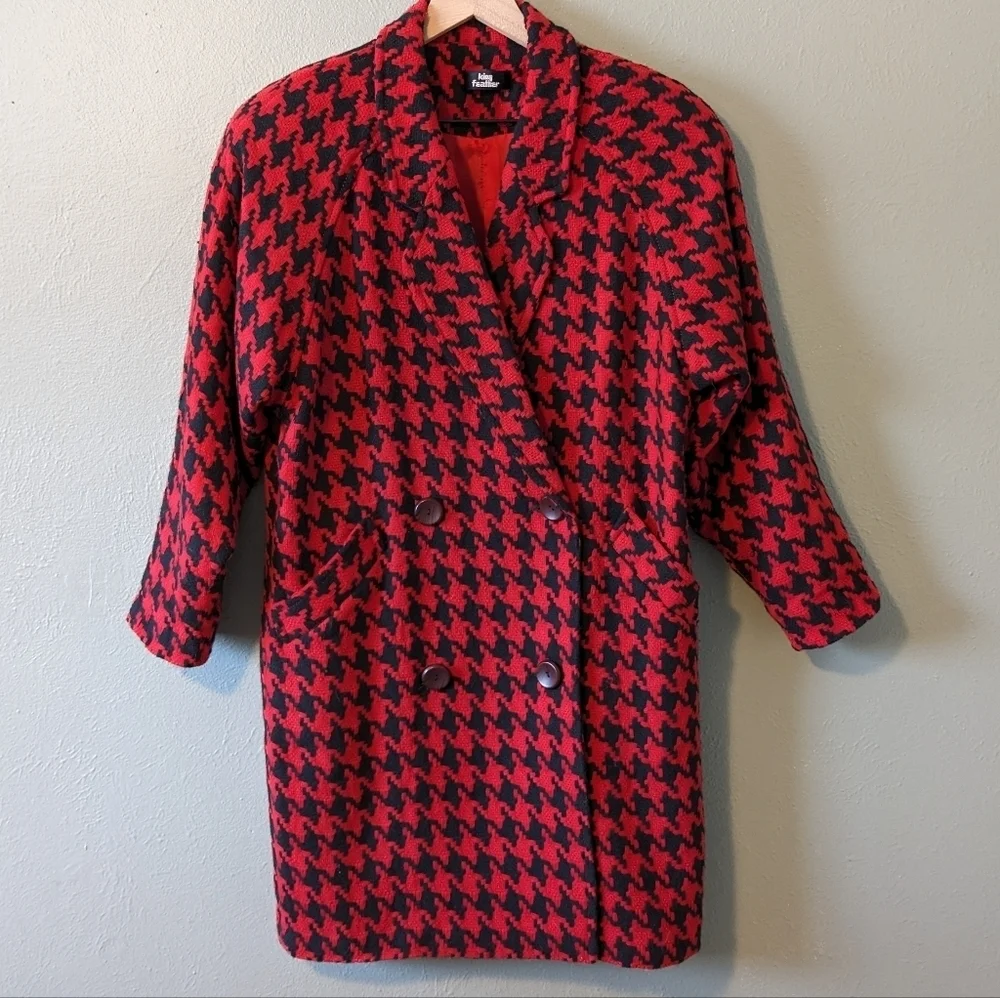 King Feather Retro Red & Black Houndstooth Pea Coat Size L - Picture 3 of 15